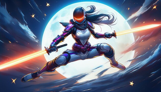 Fast moving ninja with glowing energy katanas leaps into action under a vibrant moonlit sky. Generative AI