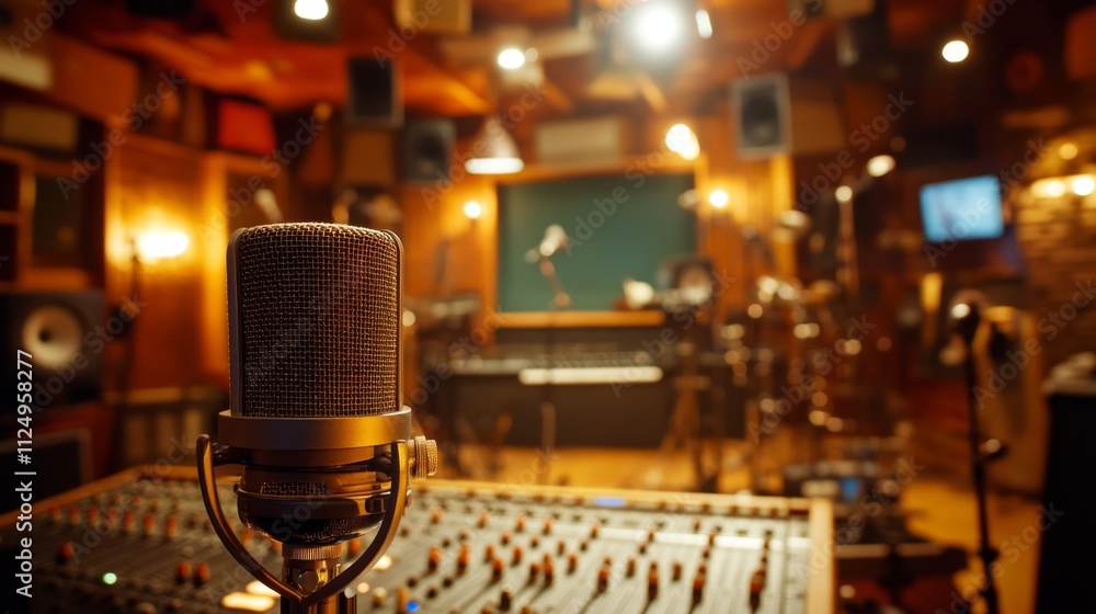 Poster recording session action in a music studio audio production environment professional setting close u