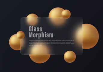 Transparent frosted glass banner with golden spheres on dark background. Landing page design template.