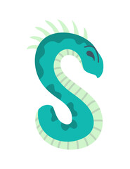 Dinosaur alphabet symbol. Letter S of English alphabet shaped as dino. Children colorful cartoon funny fictional character ABC. Vector flat icon isolated on white background