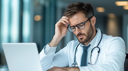 Successful doctor focused on work at office desk using laptop in a modern medical environment