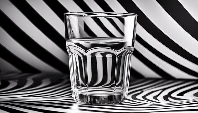 Glass of clear water on a striking striped black and white background capturing elegant simplicity and contrast. Generative AI