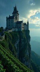 Naklejka premium An ancient cliff-top castle surrounded by green vineyards, with moss-covered towers, surrounded by fog and stars in the night sky