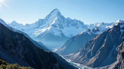 Fototapeta premium landscape mountain range with glaciers, clear blue sky,panoramic view, outdoor recreation, active, travel, tourism, mountain landscapes, mountain silhouettes and peaks, screensaver, poster, postcard
