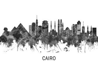 Fototapeta premium Cairo Egypt Skyline BW, travel art illustration urban modern downtown landmarks skyscrapers artwork abstract architecture digital office home decor
