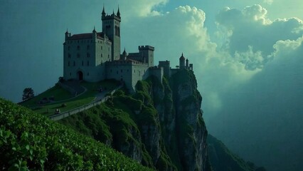 Obraz premium An ancient cliff-top castle surrounded by green vineyards, with moss-covered towers, surrounded by fog and stars in the night sky