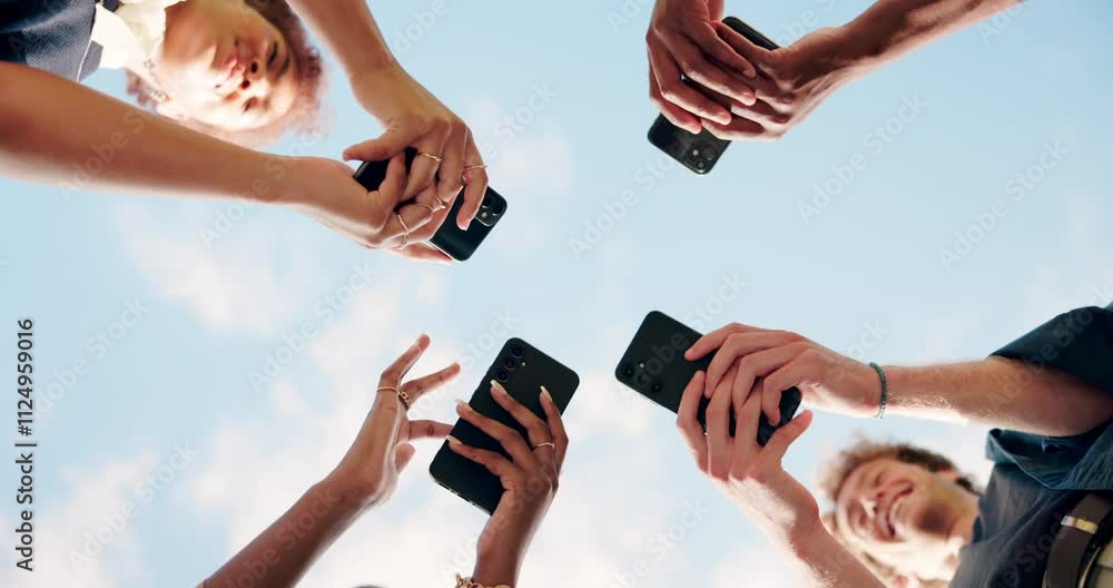 Poster hands, friends and phone outdoor with social media, data sync and communication from below. technolo