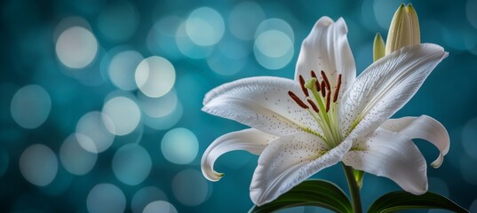 Fototapeta premium Elegant White Lily on Turquoise Background with Bokeh, a Symbol of Purity and Tranquility