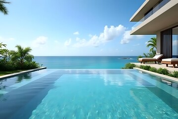 Fototapeta premium A breathtaking beachfront villa with an infinity pool overlooking the ocean.