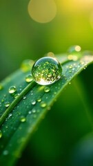 Close up of a dew drop on a green leaf, reflecting a miniature world including flowers and grass around it, with soft light of the morning