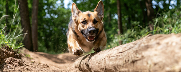 dog joyfully leaps over log on sunny forest trail
