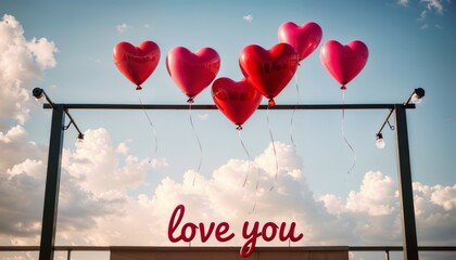 Love You Balloons. Red heart-shaped balloons floating above a billboard with the words "love you" against a blue sky.