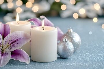 3 white candles, purple and silver lily flowers, snowflakes, Christmas ornaments on a blur background