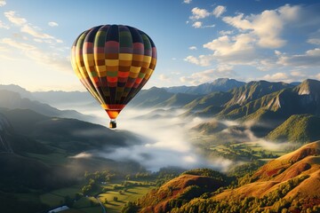 Fototapeta premium A large hot aerostat flying over mountains in the clouds at sunrise.