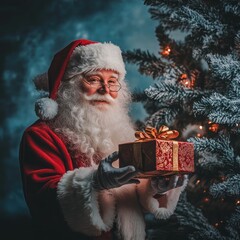 Santa Claus presenting a gift amid snowy backdrop scene
