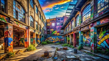 Fototapeta premium Captivating Urban Exploration Photography Featuring Stylish Illustrations of Abandoned Buildings, Graffiti Art, and Hidden City Gems for Creative Visual Storytelling
