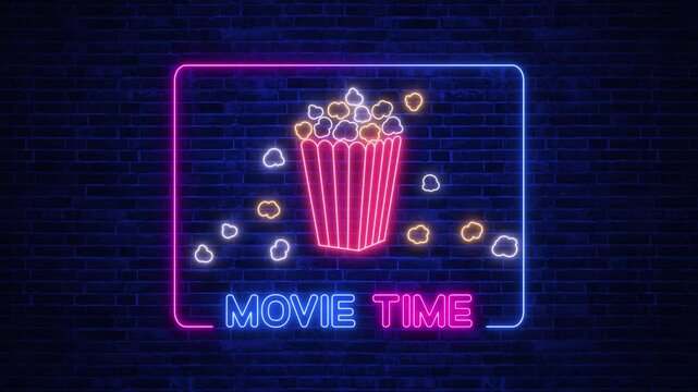movie time neon lights text and popcorns with frame animation,cinema and movie night colorful glowing lights social media motion background