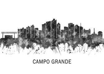 Fototapeta premium Campo Grande Brazil Skyline BW, travel art illustration urban modern downtown landmarks skyscrapers artwork abstract architecture digital office home decor