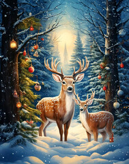 Christmas deer with Christmas tree in snow covered forest