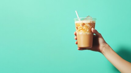 Hand holding a cup of iced latte with almond milk, generative ai