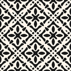 Abstract black and white vector seamless pattern. Simple floral geometric ornament with ethnic folk motif. Retro vintage background. Monochrome texture with flower silhouettes, organic shapes, tiles