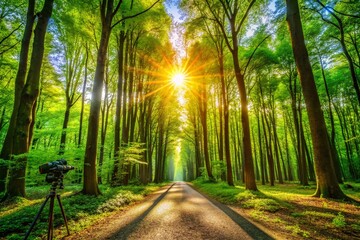 Fototapeta premium Captivating Vertical Video Portrait of a Lush Green Forest Pathway with Towering Trees Emphasizing Nature's Beauty in a Serene and Peaceful Environment