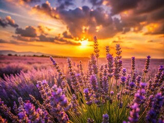 Captivating Vibrant Lavender Field at Sunset Bathed in Golden Light &ndash; A Serene Landscape Perfect for Nature Lovers and Garden Enthusiasts