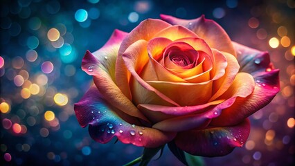 Captivating Vibrant Rose in Bokeh Effect on Dark Backdrop, Highlighting the Beauty of Nature's Colors and Textures Perfect for Backgrounds or Floral Themes
