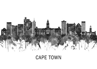 Fototapeta premium Cape Town South Africa Skyline BW, travel art illustration urban modern downtown landmarks skyscrapers artwork abstract architecture digital office home decor