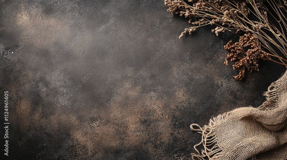 Aufkleber dark background with dry plants and burlap creating rustic atmosphere