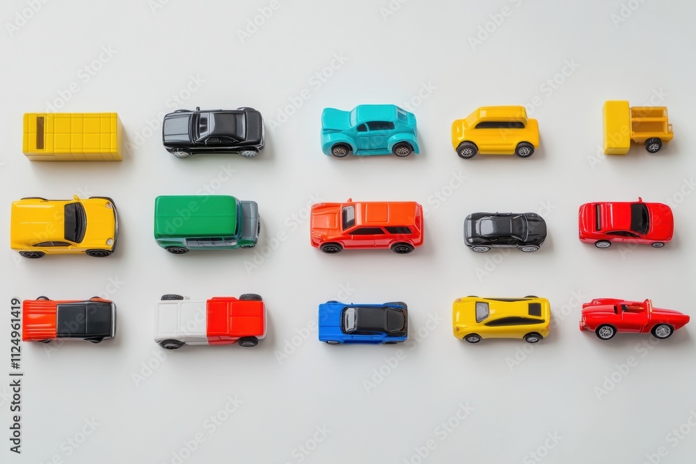 Poster brightly colored toy cars, blocks, and dolls arranged on a white background provide ample space for 
