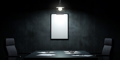 Dark room interrogation scene with blank board.