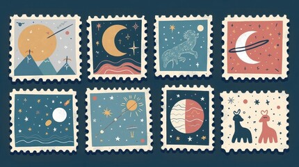 Obraz premium Postage Stamps Featuring Zodiac Symbols and Constellations