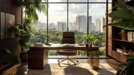 Obraz premium Luxurious modern home office with city view.