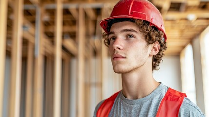 Young builder, contemplates future projects amidst the framework of a building construction