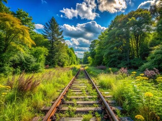 Fototapeta premium Captivating View of Old, Abandoned Railway Tracks Overgrown with Lush Vegetation, Evoking Nostalgia and Nature's Reclamation in a Serene Landscape with Ample Copy Space