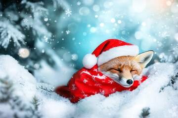 A holiday-themed picture of a fox wearing a Santa hat and festive cape, nestled in a snowy scene, perfect for seasonal greetings and marketing materials.