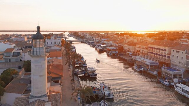 Aerial view of the Grau du Roi fishing village at sunrise in Camargue, France