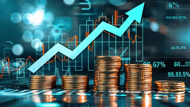 Money coin stack growing graph investment. Finance save. Success, growth wealth stock market. Business in the digital age. Trading chart in financial concepts. Prosperity. Cryptocurrency. Technology - Powered by Adobe