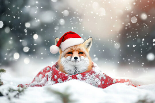 A holiday-themed picture of a fox wearing a Santa hat and festive cape, nestled in a snowy scene, perfect for seasonal greetings and marketing materials.
