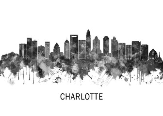 Fototapeta premium Charlotte North Carolina Skyline BW, travel art illustration urban modern downtown landmarks skyscrapers artwork abstract architecture digital office home decor