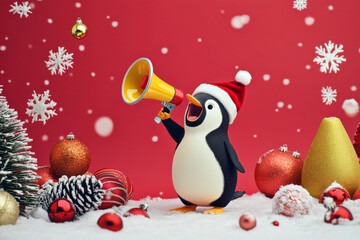 A curious penguin holding a megaphone, announcing holiday celebrations amidst snowy decorations on a red background.