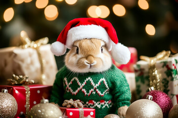 Obraz premium A charming rabbit in a green holiday sweater and Santa hat, surrounded by colorful presents, glittering baubles, and a warm festive scene.