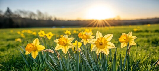 Obraz premium Golden Hour Daffodil Field A Colorful Display of Spring Flowers Bathed in Warm Sunshine
