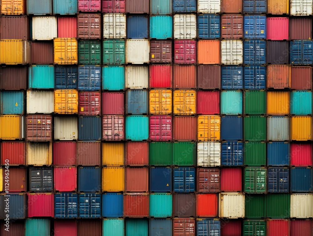 Poster a vibrant array of shipping containers stacked together, showcasing various colors and patterns in a