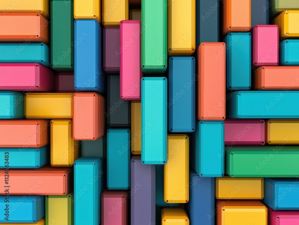 Poster a vibrant arrangement of colorful blocks stacked in a playful, abstract pattern, showcasing a mix of