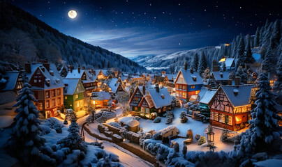 Mountains and city view on snowy winter evening