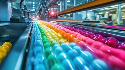 Fototapeta premium Bright candy factory line: rainbow-colored sweets flowing in vibrantly lit channels, wrapping machines twisting foil ends
