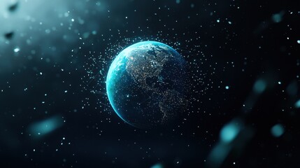 Fototapeta premium A blue planet Earth with glowing dots and lines forming a complex network of connections, illustrating the concept of global communication and interconnectedness.