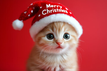 Cute funny cat wearing hat against vibrant festive background with Merry Christmas celebration title inscription.